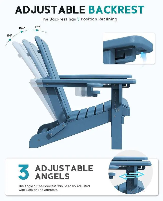 Alt view image 4 of 7 - Folding Adirondack Chair Set of 2, Adjustable Adirondack Chair with 3 Recline Positions, All Weather HDPE Outdoor Adirondack with Cup Holders, Blue
