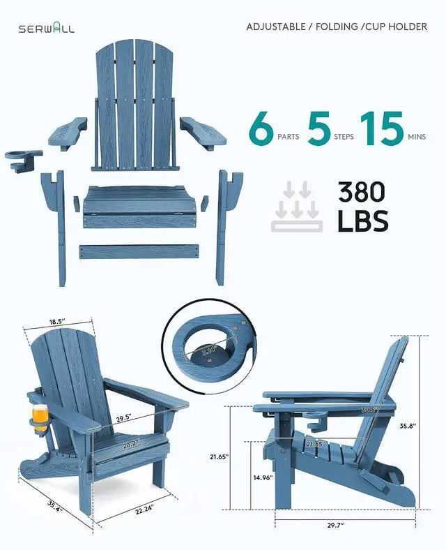 Alt view image 3 of 7 - Folding Adirondack Chair Set of 2, Adjustable Adirondack Chair with 3 Recline Positions, All Weather HDPE Outdoor Adirondack with Cup Holders, Blue