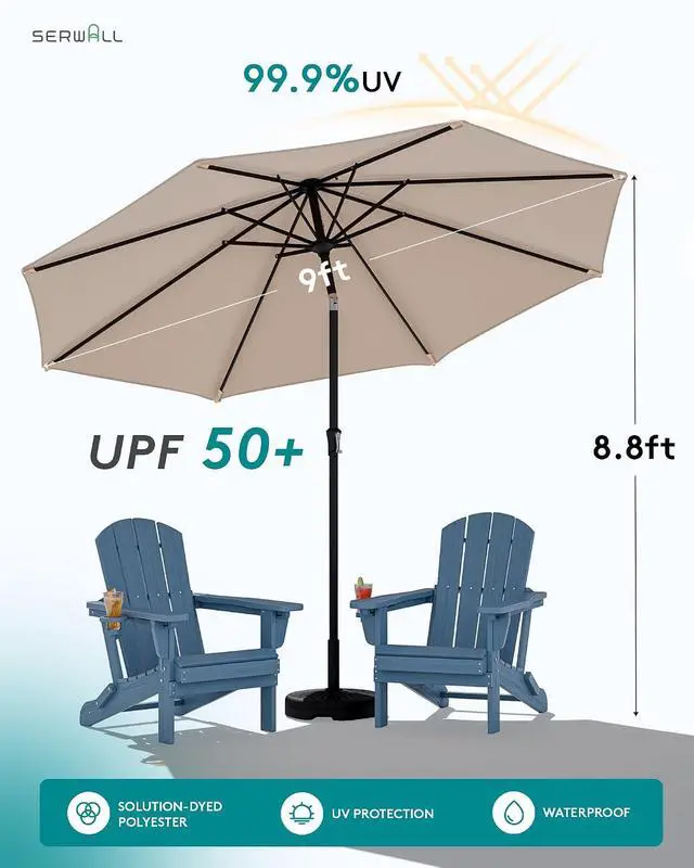 Alt view image 2 of 7 - Folding Adirondack Chair Set of 2 with 9Ft Umbrella, HDPE Adirondack Chairs with Adjustable Recline Positions, Blue (Umbrella Base is not Included)