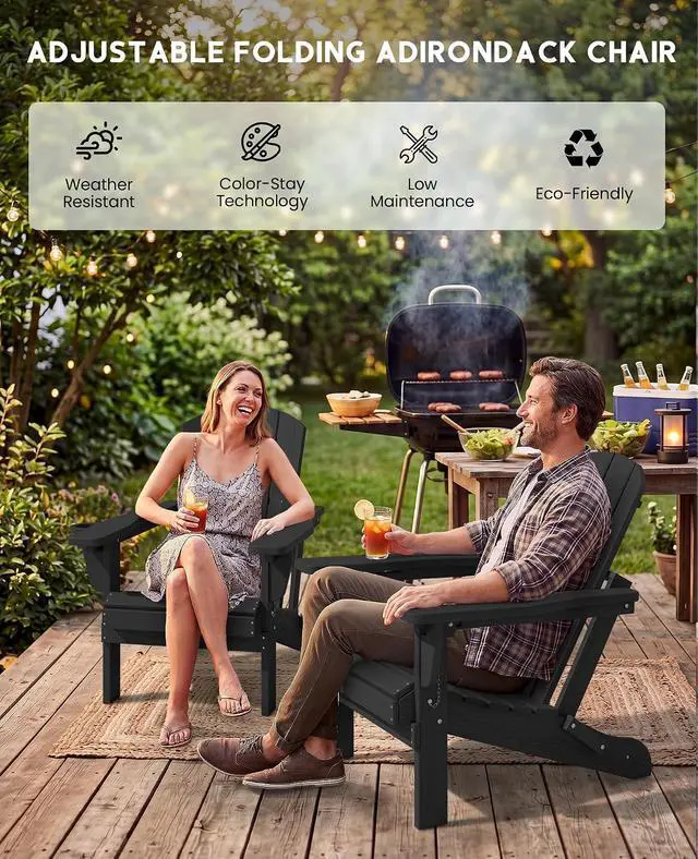 Alt view image 7 of 7 - Folding Adirondack Chair Set of 2, Adjustable Adirondack Chair with 3 Recline Positions, All Weather HDPE Outdoor Adirondack with Cup Holders, Black