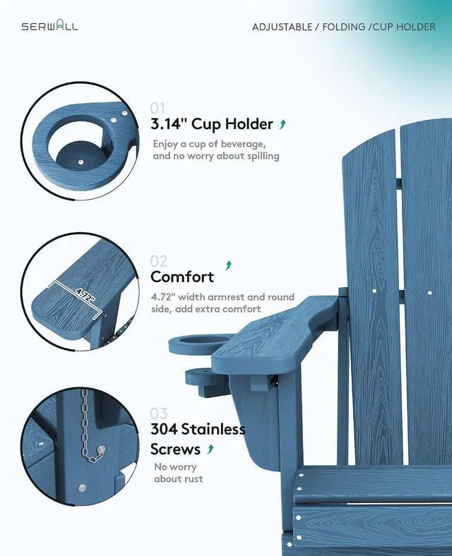 Alt view image 5 of 7 - Folding Adirondack Chair Set of 2, Adjustable Adirondack Chair with 3 Recline Positions, All Weather HDPE Outdoor Adirondack with Cup Holders, Blue