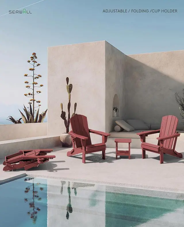 Alt view image 3 of 7 - Folding Adirondack Chair Set of 6, Adjustable Adirondack Chair with 3 Recline Positions, All Weather HDPE Outdoor Adirondack with Cup Holders, Red