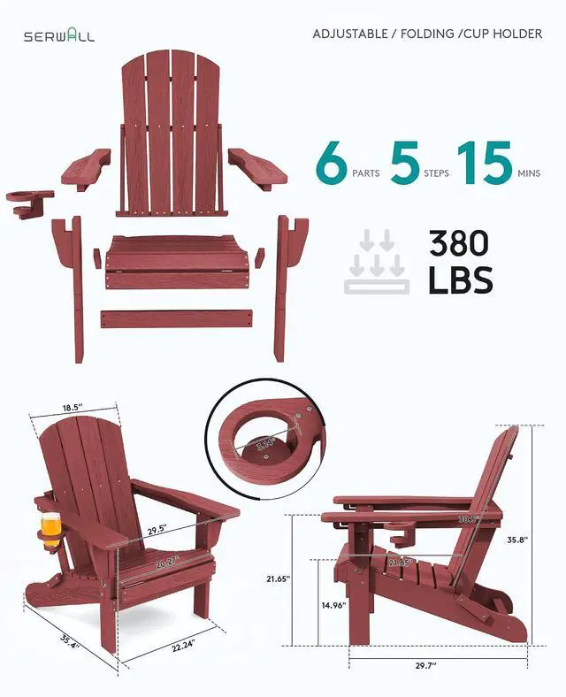 Alt view image 2 of 7 - Folding Adirondack Chair Set of 6, Adjustable Adirondack Chair with 3 Recline Positions, All Weather HDPE Outdoor Adirondack with Cup Holders, Red