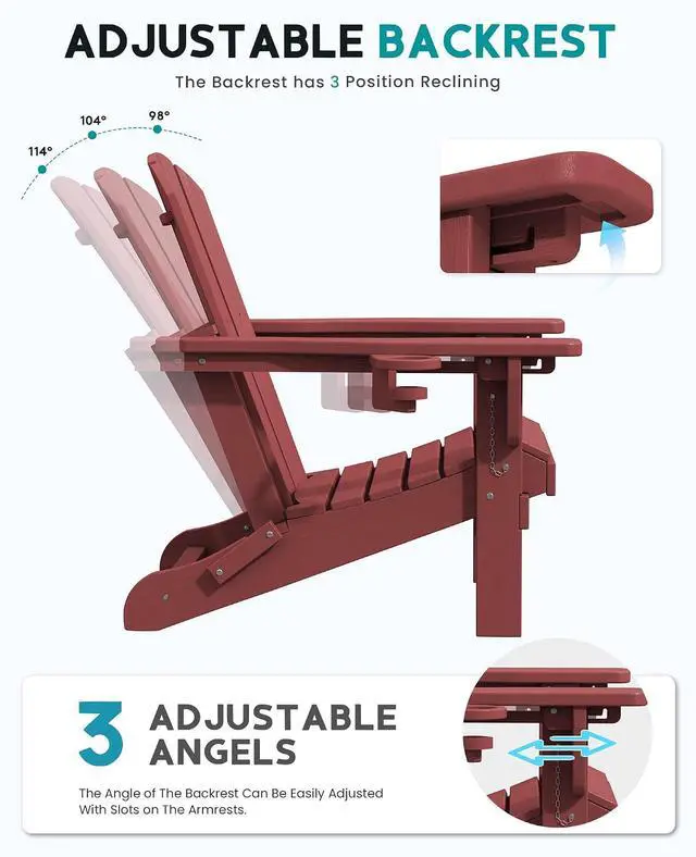 Alt view image 4 of 7 - Folding Adirondack Chair Set of 6, Adjustable Adirondack Chair with 3 Recline Positions, All Weather HDPE Outdoor Adirondack with Cup Holders, Red