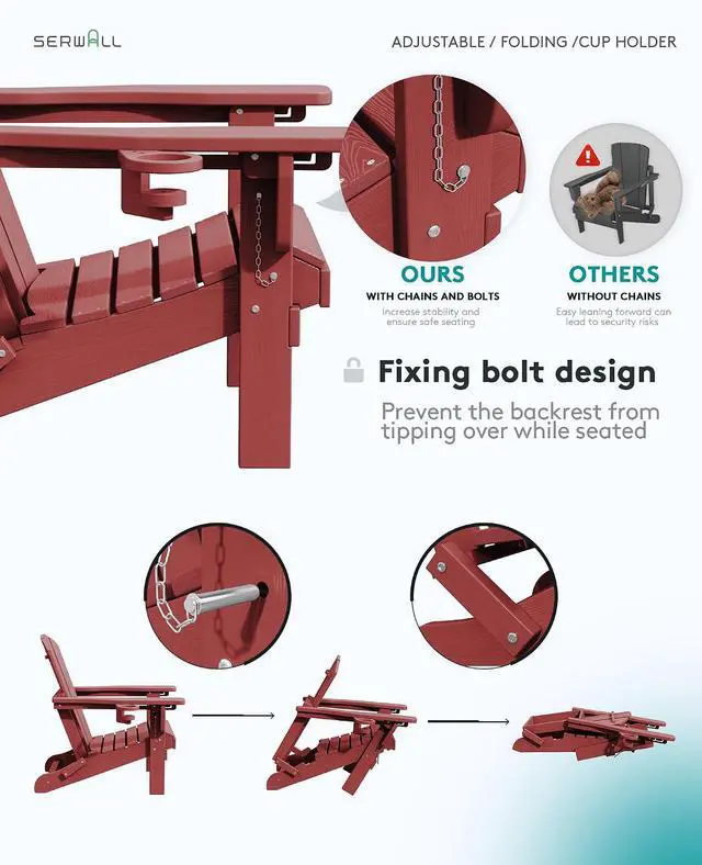 Alt view image 6 of 7 - Folding Adirondack Chair Set of 6, Adjustable Adirondack Chair with 3 Recline Positions, All Weather HDPE Outdoor Adirondack with Cup Holders, Red