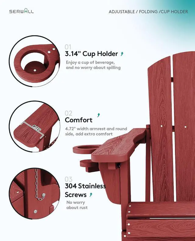 Alt view image 5 of 7 - Folding Adirondack Chair Set of 6, Adjustable Adirondack Chair with 3 Recline Positions, All Weather HDPE Outdoor Adirondack with Cup Holders, Red