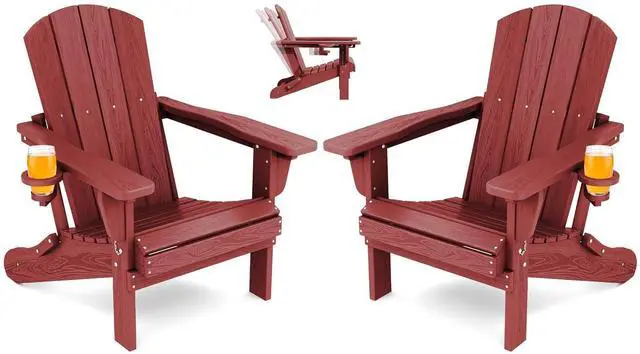 Main image of Folding Adirondack Chair Set of 2, Adjustable Adirondack Chair with 3 Recline Positions, All Weather HDPE Outdoor Adirondack with Cup Holders, Red