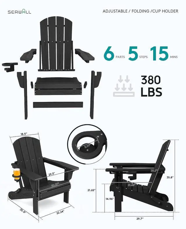 Alt view image 4 of 7 - Folding Adirondack Chair Set of 2, Adjustable Adirondack Chair with 3 Recline Positions, All Weather HDPE Outdoor Adirondack with Cup Holders, Black