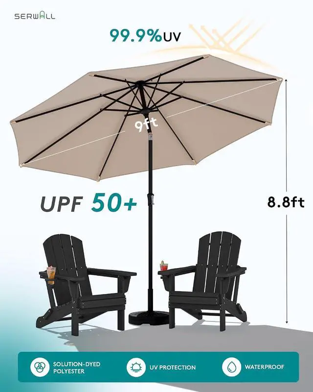 Alt view image 2 of 7 - Folding Adirondack Chair Set of 2 with 9Ft Umbrella, HDPE Adirondack Chairs with Adjustable Recline Positions, Black (Umbrella Base is not Included)