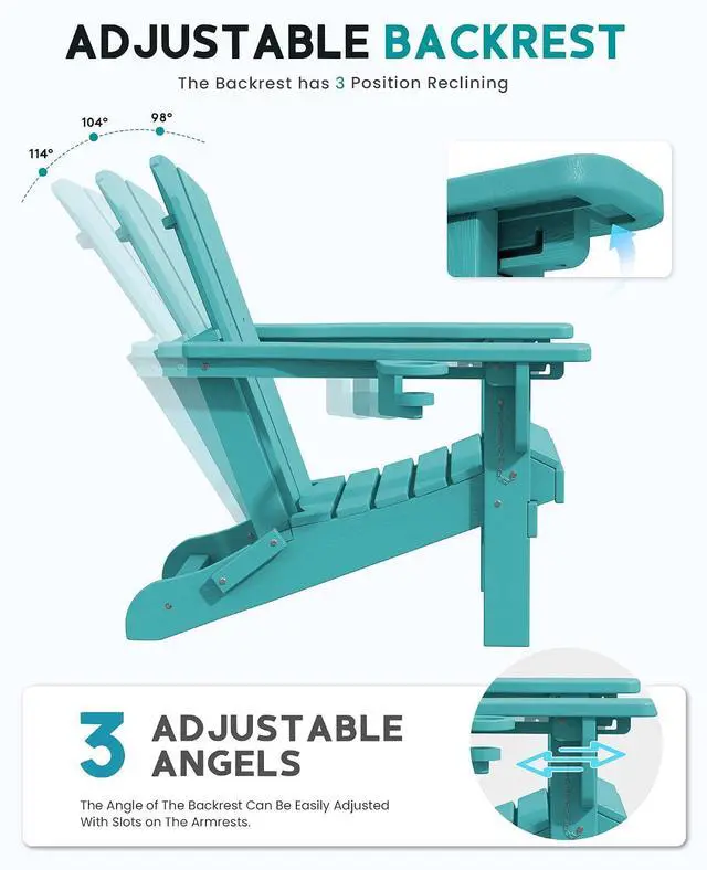 Alt view image 3 of 7 - Folding Adirondack Chair Set of 2, Adjustable Adirondack Chair with 3 Recline Positions, All Weather HDPE Outdoor Adirondack with Cup Holders, Aruba