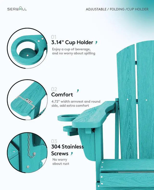 Alt view image 5 of 7 - Folding Adirondack Chair Set of 2, Adjustable Adirondack Chair with 3 Recline Positions, All Weather HDPE Outdoor Adirondack with Cup Holders, Aruba