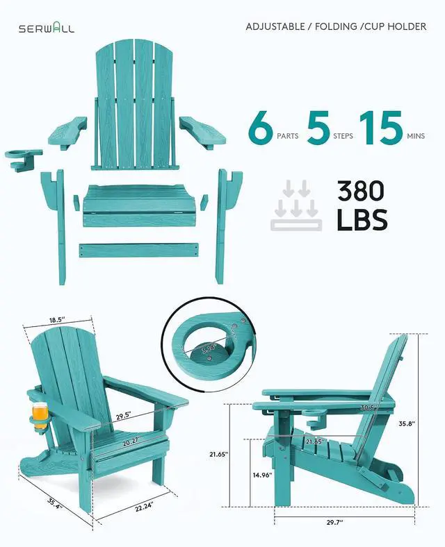 Alt view image 4 of 7 - Folding Adirondack Chair Set of 2, Adjustable Adirondack Chair with 3 Recline Positions, All Weather HDPE Outdoor Adirondack with Cup Holders, Aruba