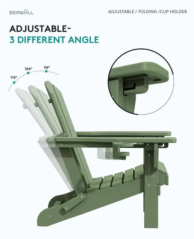 Alt view image 3 of 7 - Folding Adjustable Adirondack Chair Set of 4, Reclining Adirondack Chair with 3 Recline Positions, All Weather HDPE Outdoor Adirondack, Avocado Green