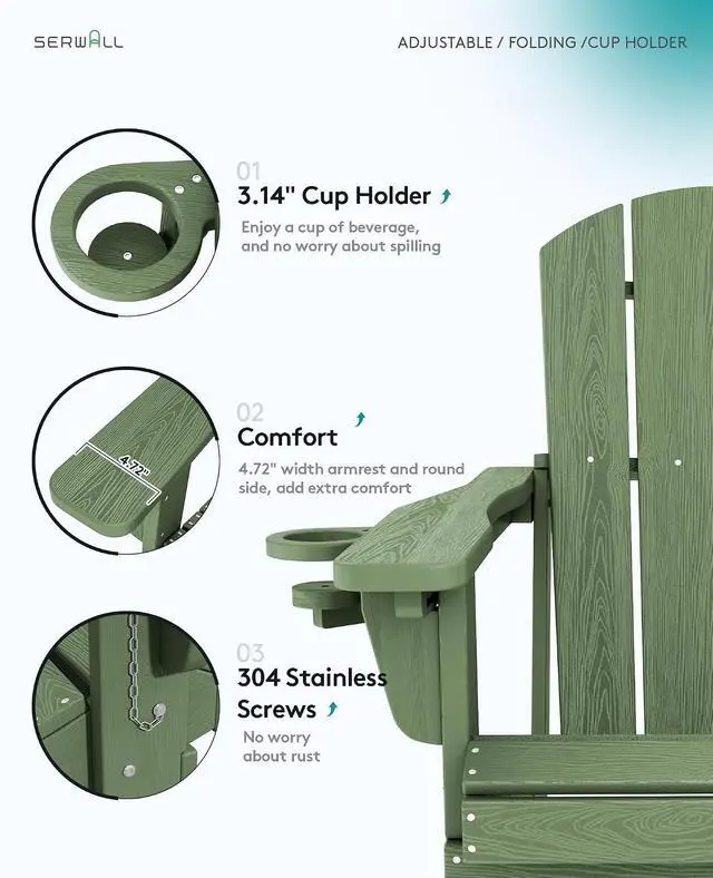 Alt view image 4 of 7 - Folding Adjustable Adirondack Chair Set of 4, Reclining Adirondack Chair with 3 Recline Positions, All Weather HDPE Outdoor Adirondack, Avocado Green