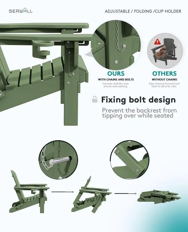 Alt view image 5 of 7 - Folding Adjustable Adirondack Chair Set of 4, Reclining Adirondack Chair with 3 Recline Positions, All Weather HDPE Outdoor Adirondack, Avocado Green