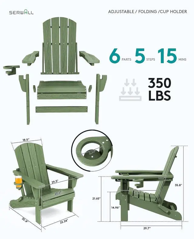 Alt view image 6 of 7 - Folding Adjustable Adirondack Chair Set of 4, Reclining Adirondack Chair with 3 Recline Positions, All Weather HDPE Outdoor Adirondack, Avocado Green