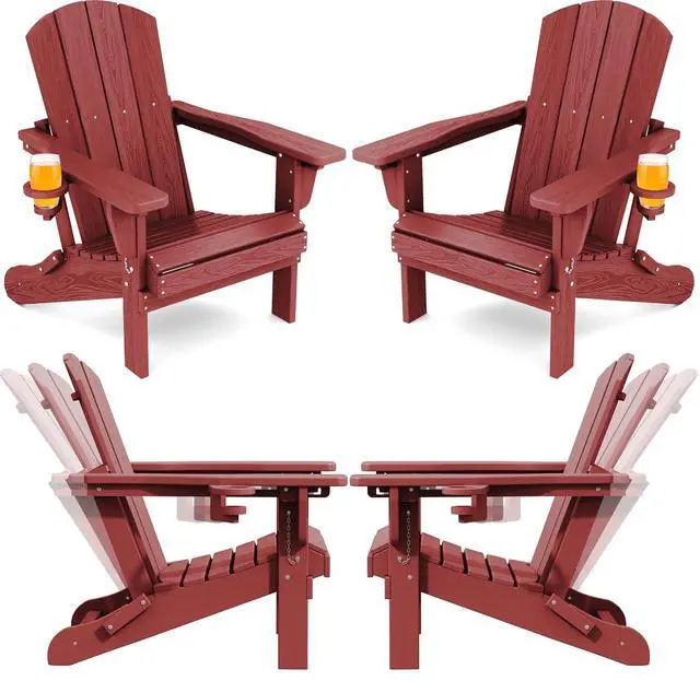 Main image of Folding Adirondack Chair Set of 4, Adjustable Adirondack Chair with 3 Recline Positions, All Weather HDPE Outdoor Adirondack with Cup Holders, Red