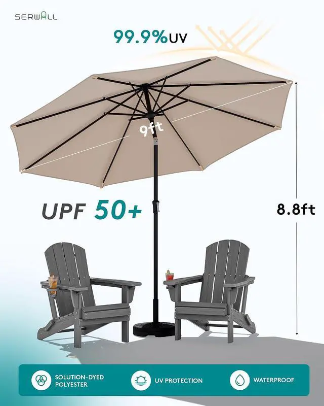 Alt view image 2 of 7 - Folding Adirondack Chair Set of 2 with 9Ft Umbrella, HDPE Adirondack Chairs with Adjustable Recline Positions, Gray (Umbrella Base is not Included)