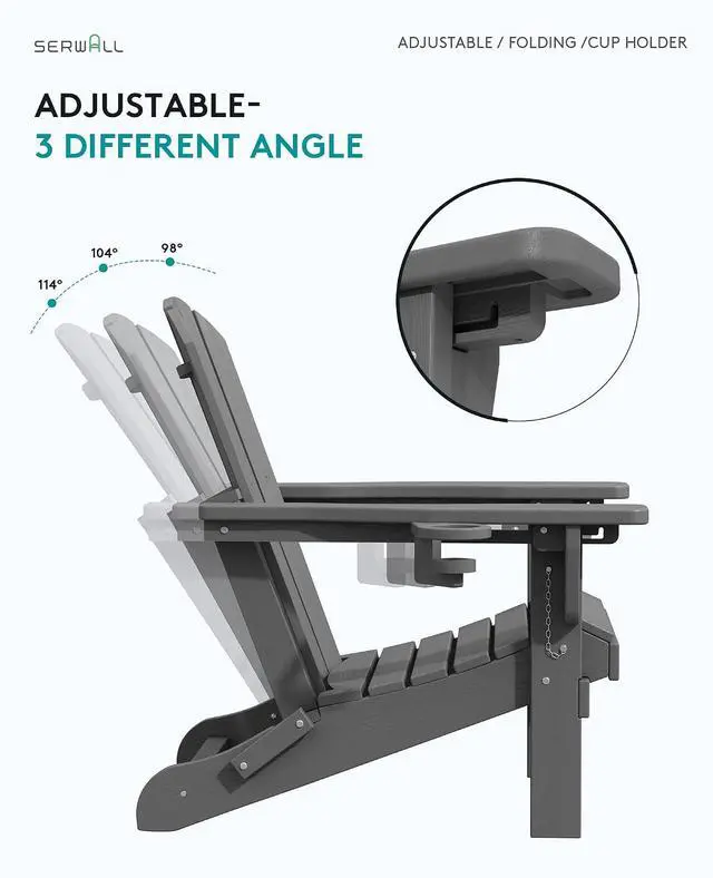 Alt view image 3 of 7 - Folding Adirondack Chair Set of 2 with 9Ft Umbrella, HDPE Adirondack Chairs with Adjustable Recline Positions, Gray (Umbrella Base is not Included)