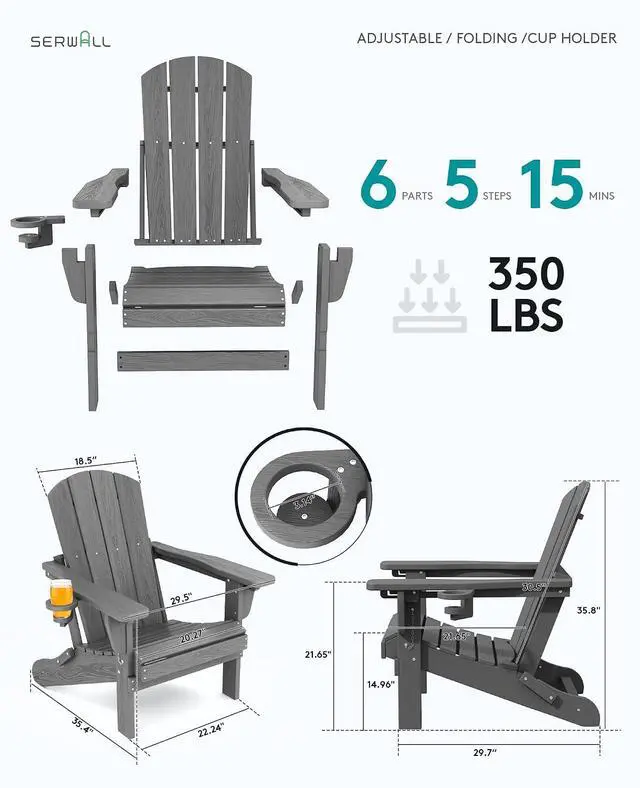 Alt view image 4 of 7 - Folding Adirondack Chair Set of 2 with 9Ft Umbrella, HDPE Adirondack Chairs with Adjustable Recline Positions, Gray (Umbrella Base is not Included)