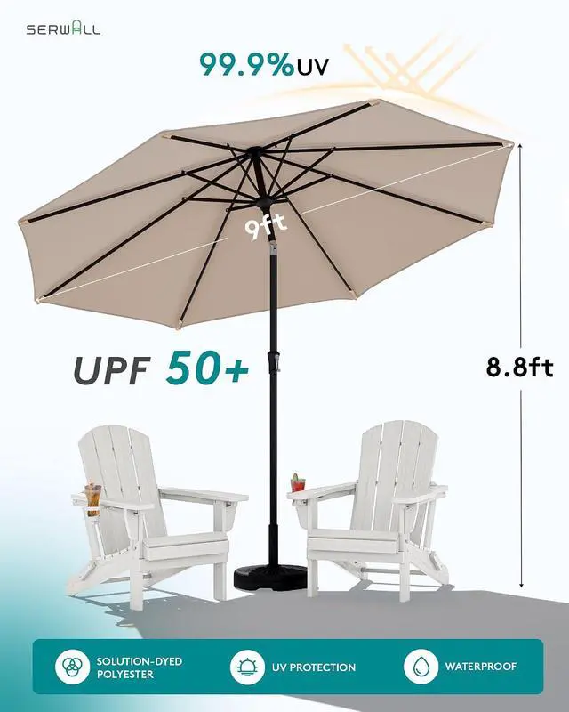 Alt view image 2 of 7 - Folding Adirondack Chair Set of 2 with 9Ft Umbrella, HDPE Adirondack Chairs with Adjustable Recline Positions, White (Umbrella Base is not Included)