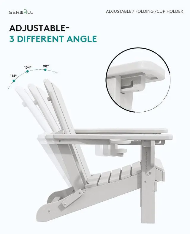 Alt view image 3 of 7 - Folding Adirondack Chair Set of 2 with 9Ft Umbrella, HDPE Adirondack Chairs with Adjustable Recline Positions, White (Umbrella Base is not Included)