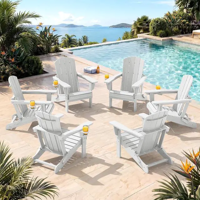 Main image of Folding Adirondack Chair Set of 6, Reclining Adirondack Chair with 3 Recline Positions, All Weather HDPE Outdoor Adirondack, White