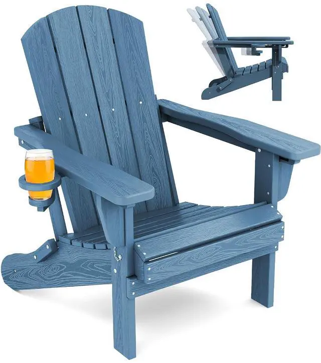 Main image of Folding Adirondack Chair, Adirondack Outdoor Chair with Cup Holder, Adjustable Adirondack Chair with 3 Recline Positions, All Weather HDPE Outdoor Adirondack, Blue