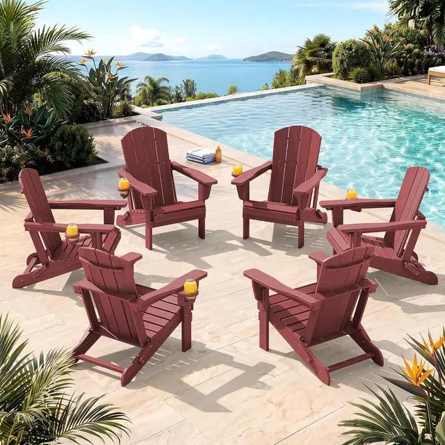 Main image of Folding Adirondack Chair Set of 6, Adjustable Adirondack Chair with 3 Recline Positions, All Weather HDPE Outdoor Adirondack with Cup Holders, Red