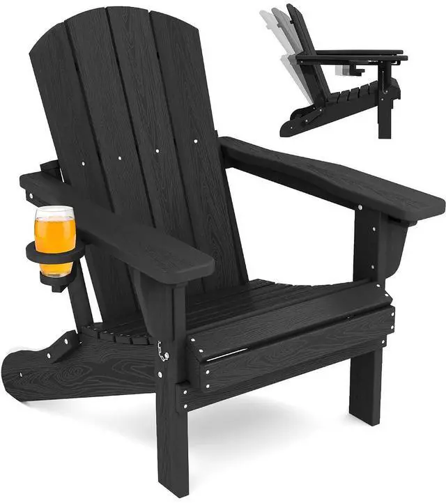 Main image of Folding Adirondack Chair, Adirondack Outdoor Chair with Cup Holder, Adjustable Adirondack Chair with 3 Recline Positions, All Weather HDPE Outdoor Adirondack, Black