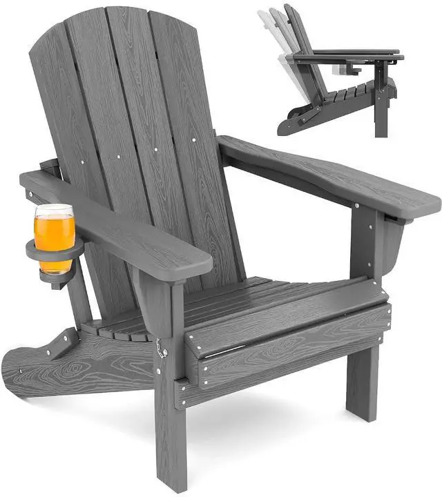 Main image of Folding Adirondack Chair, Adirondack Outdoor Chair with Cup Holder, Adjustable Adirondack Chair with 3 Recline Positions, All Weather HDPE Outdoor Adirondack, Gray