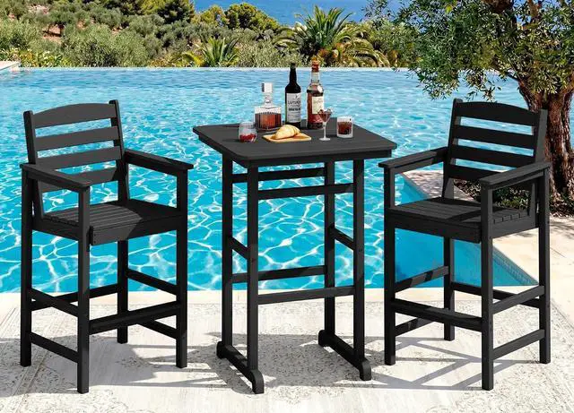 Main image of Balcony Adirondack Chairs and Table 3 Pieces Set, Adirondack Bar Height Chairs Set of 2 and Bar Table, Outdoor Bar Stools Set for Bistro, Poolside, Backyard, Black