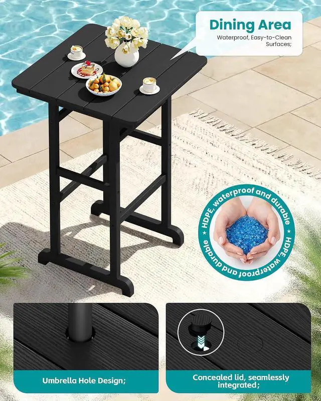 Alt view image 2 of 7 - Balcony Adirondack Chairs and Table 3 Pieces Set, Adirondack Bar Height Chairs Set of 2 and Bar Table, Outdoor Bar Stools Set for Bistro, Poolside, Backyard, Black