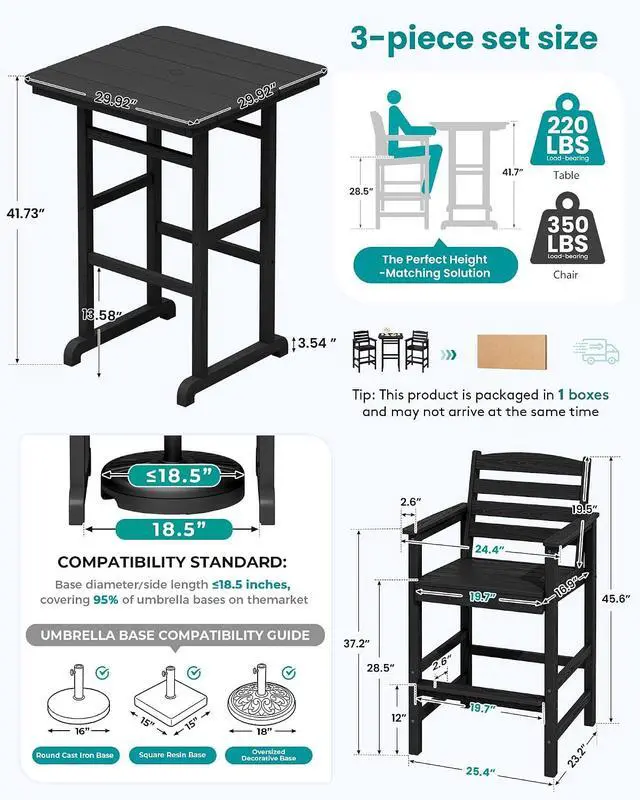 Alt view image 6 of 7 - Balcony Adirondack Chairs and Table 3 Pieces Set, Adirondack Bar Height Chairs Set of 2 and Bar Table, Outdoor Bar Stools Set for Bistro, Poolside, Backyard, Black