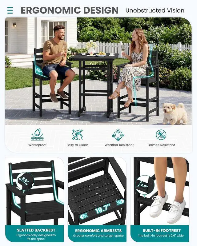 Alt view image 5 of 7 - Balcony Adirondack Chairs and Table 3 Pieces Set, Adirondack Bar Height Chairs Set of 2 and Bar Table, Outdoor Bar Stools Set for Bistro, Poolside, Backyard, Black