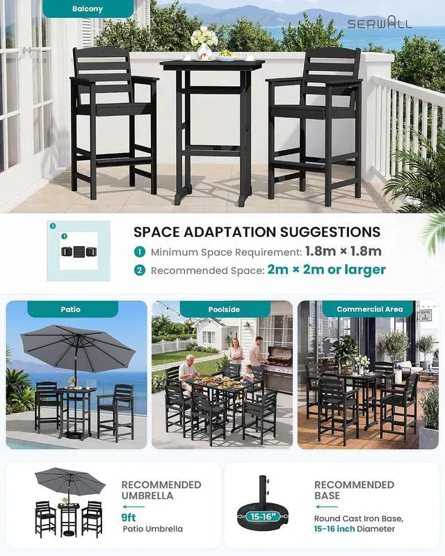 Alt view image 7 of 7 - Balcony Adirondack Chairs and Table 3 Pieces Set, Adirondack Bar Height Chairs Set of 2 and Bar Table, Outdoor Bar Stools Set for Bistro, Poolside, Backyard, Black