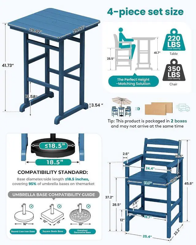 Alt view image 5 of 6 - 4 Pieces Outdoor Patio Bar Set with 9ft Umbrella, Outdoor HDPE Barstool and Table Furniture Set with Patio Umbrella, Blue