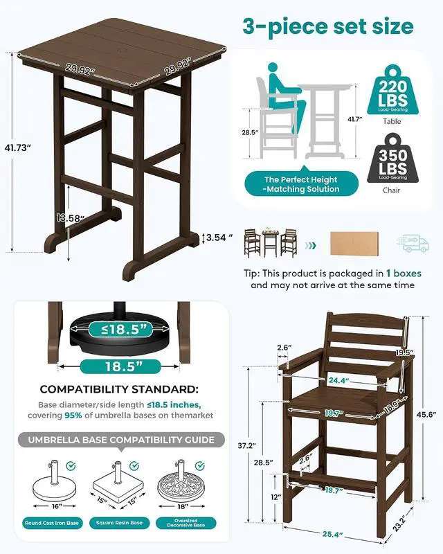 Alt view image 4 of 7 - HDPE Outdoor Patio Bar Set, Tall Adirondack Bar Chair and Table Set (Coffee, 3 pcs)