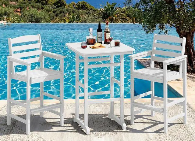Main image of Tall Adirondack Bar Chairs and Table 3 Pieces Set, Adirondack Bar Height Chairs Set of 2 and Bar Table, Outdoor Bar Stools Set for Bistro, Poolside, Backyard, White
