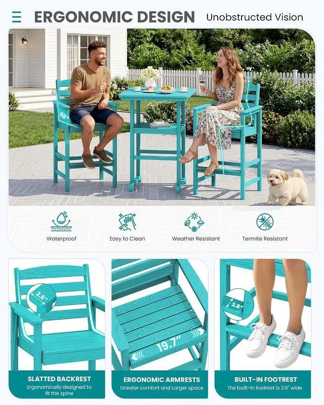 Alt view image 3 of 7 - Balcony Adirondack Chairs and Table 3 Pieces Set, Oversize Adirondack Bar Height Chairs Set of 2 and Bar Table, Outdoor Bar Stools Set, Aruba