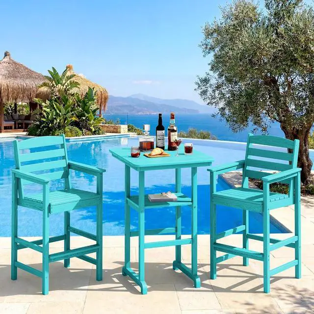 Main image of Balcony Adirondack Chairs and Table 3 Pieces Set, Oversize Adirondack Bar Height Chairs Set of 2 and Bar Table, Outdoor Bar Stools Set, Aruba