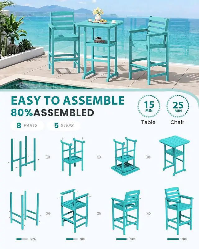 Alt view image 7 of 7 - Balcony Adirondack Chairs and Table 3 Pieces Set, Oversize Adirondack Bar Height Chairs Set of 2 and Bar Table, Outdoor Bar Stools Set, Aruba
