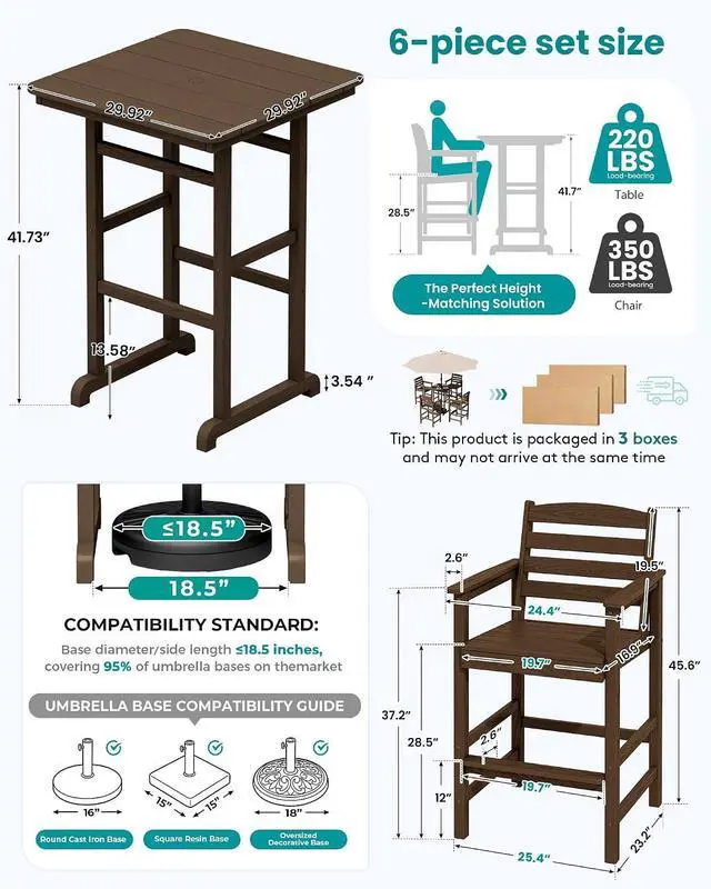 Alt view image 6 of 7 - 6 Pieces Outdoor Patio Bar Set with 9ft Umbrella, Outdoor HDPE Barstool and Table Furniture Set with Patio Umbrella, Coffee