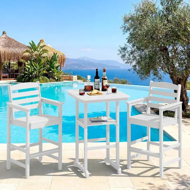 Main image of Balcony Adirondack Chairs and Table 3 Pieces Set, Oversize Adirondack Bar Height Chairs Set of 2 and Bar Table, Outdoor Bar Stools Set, White