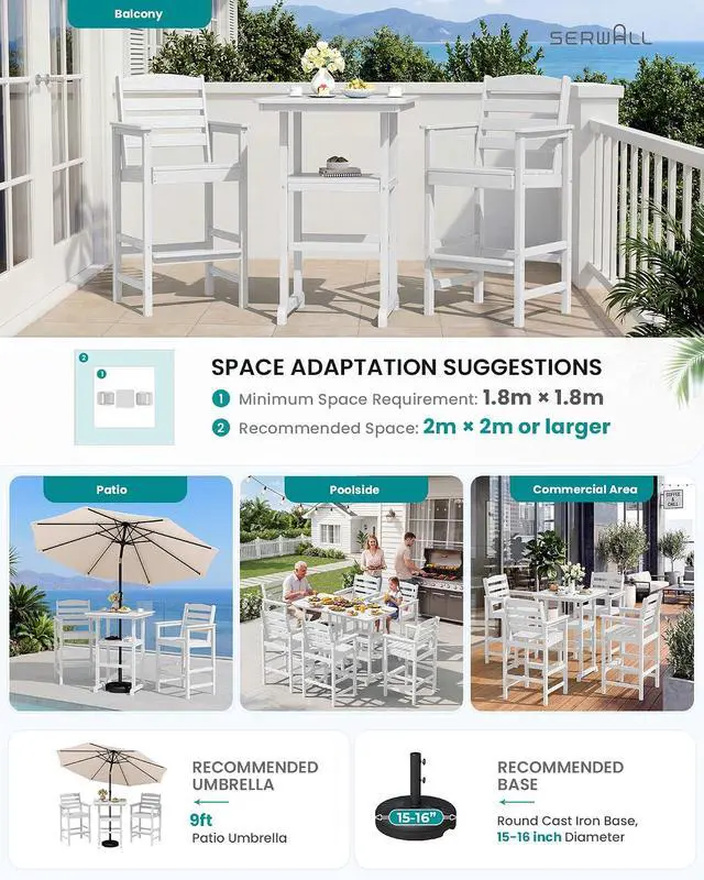Alt view image 7 of 7 - Balcony Adirondack Chairs and Table 3 Pieces Set, Oversize Adirondack Bar Height Chairs Set of 2 and Bar Table, Outdoor Bar Stools Set, White