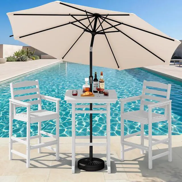 Main image of 4 Pieces Outdoor Patio Bar Set with 9ft Umbrella, Outdoor HDPE Barstool and Table Furniture Set with Patio Umbrella, White