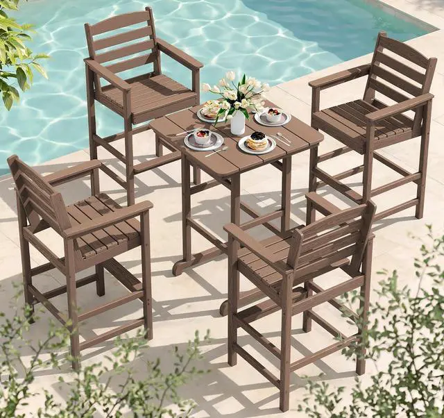Main image of 5 Pieces Adirondack Bar Chairs Set with Bar Table, HDPE Outdoor Barstool Set, Brown