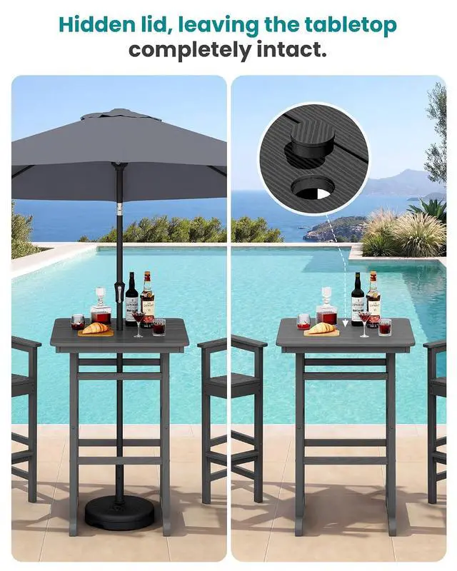Alt view image 2 of 7 - 6 Pieces Outdoor Patio Bar Set with 9ft Umbrella, Outdoor HDPE Barstool and Table Furniture Set with Patio Umbrella, Gray