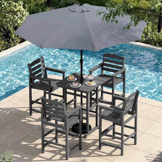 Main image of 6 Pieces Outdoor Patio Bar Set with 9ft Umbrella, Outdoor HDPE Barstool and Table Furniture Set with Patio Umbrella, Gray