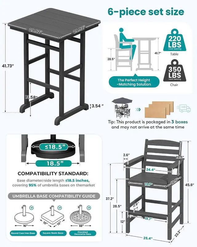Alt view image 4 of 7 - 6 Pieces Outdoor Patio Bar Set with 9ft Umbrella, Outdoor HDPE Barstool and Table Furniture Set with Patio Umbrella, Gray